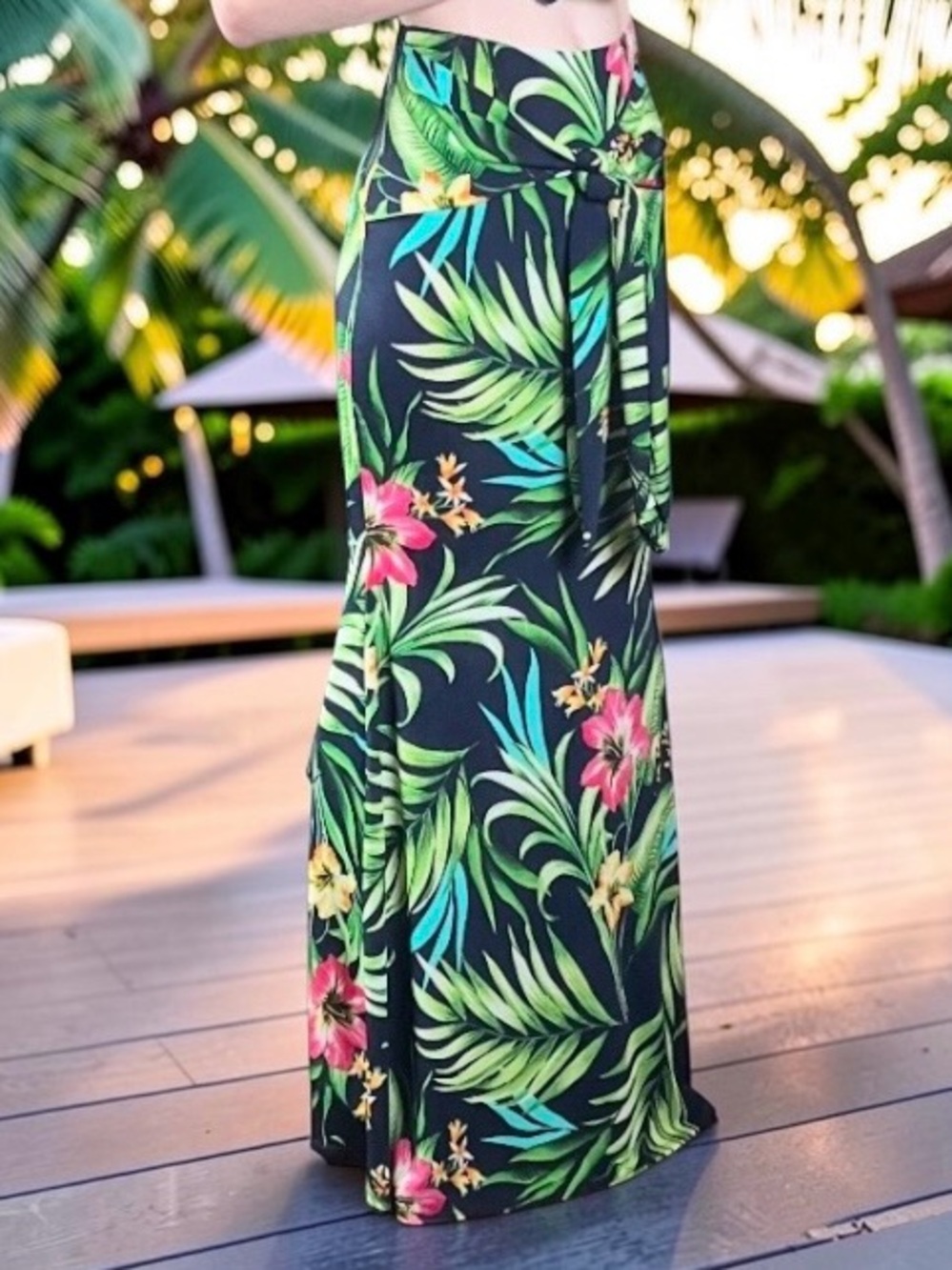 Cameo Tropical Floral Palm Bodycon Maxi Skirt Stretch Fitted Resort Small